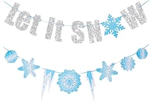 SUNBEAUTY Silver Glitter Let It Snow Blue Snowflake Garland Winter Banner with Snowflakes Holiday Wall Decoration Christmas Frozen Party Supplies