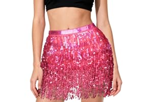 AYBUY Glitzer Rock Damen, Pailletten Quasten Rock, Paillette Fringe Mini Röcke, Bauchtanz Hüftschal, Fransenrock für Karneval, Halloween, Maskerade und Party