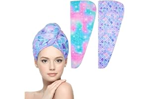 WUBAYI 2Stück Haarturban, Mikrofaser-Haarturban zum schnellen Trocknen, super saugfähige Kopfhandtuch mit Schnalle. Entworfen für nasse Haarhandtüch, Damen und Mädchen Haartüch (Meerjungfrau)