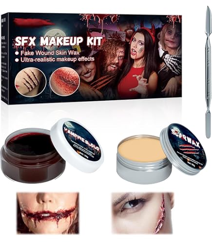 Halloween Make Up Set SFX: Trucco Per Zombie, Vampiro, Joker - Include Cera Per Ferite, Sangue Finto E Spatole - Sicuro Per La Pelle - 2