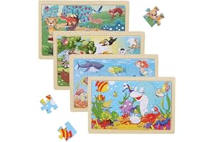 KHDULQ Puzzle de animales a partir de 3, 4 y 5 años, 4 x 24 piezas, rompecabezas con marco, juguete Montessori, juguete educativo, rompecabezas de madera, regalos para niños y niñas