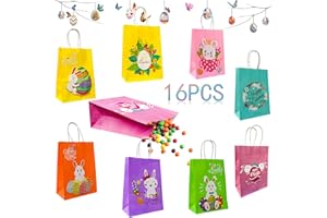 PYUE Easter Gift Bags, Easter Gifts For Kids Paper Bags With Handles 16 Pcs Easter Bags Happy Easter Bunny Eggs Flower Wreath Designs Paper Bags For Easter Eggs Chocolate Easter Egg Bags