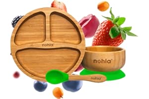 nohla ® - Bamboo Baby & Toddler Suction Plate, Bowl & Silicone Spoon Weaning Set - Suction Ring for Secure Grip on Smooth Surfaces - Eco-Friendly, BPA-Free - Green