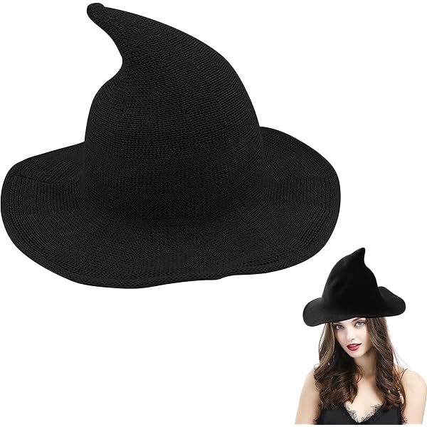 Happyupcity Hexenhut Für Damen – Schwarz, Gestrickt, Mit Breiter Krempe | Faltbar Für Halloween & Partys