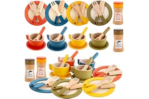 TOSAVGA 26 Pièces Accessoires de cuisine pour enfants en bois, Cuisine en Bois Enfant Jouet Bois Couvert Vaisselle pour Dinette Enfant, Chef Jeu de Rôle Éducatifs de 3+ Ans, Cadeau Parfait pour Filles Garçons