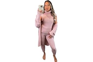 Crazy Fashion Women's 3 Piece Roll Neck Chunky Knitted Long Sleeve Top Tracksuit Ladies Ribbed Sleeveless Jumper Lounge Wear Set 2PCS Suit