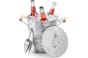 Frcctre 3L Vintage-Eiskübel mit Deckel, verzinktes Metall, Getränke-Eimer mit Schaufel und Tragegriffen, silberfarbenes Kühlgetränkeset für Bar, Party, Grill, ideal für den Innen- und Außenbereich