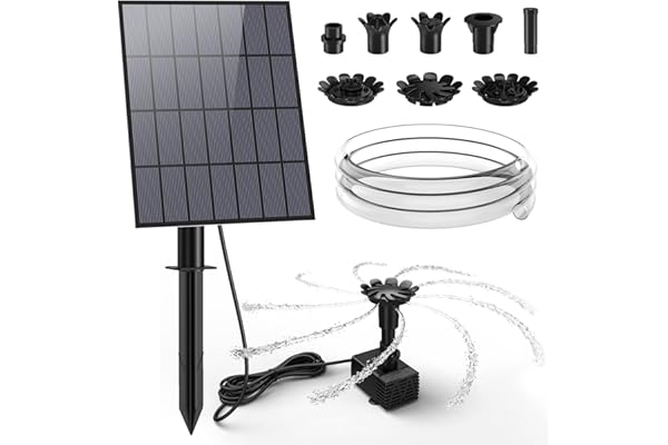 AMZtime Fontaine Solaire 3.5W pour Bain d'oiseaux avec 15 Buses de Bricolage Tuyau d'eau et Piquet pour Jardin, étang, Piscine, Extérieur