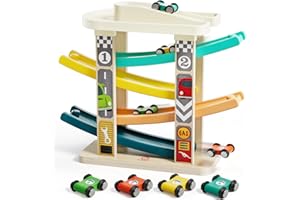 TOP BRIGHT Car Ramp Toys for 2 Year Olds - Wooden Car Toy Garage with 4 Racing Cars, Toddler Toy Kids Present for 1 Year Old Multicoloured