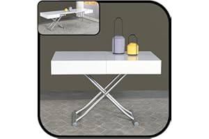 VOLERO' Mesa transformable Ahorro de Espacio, Modelo ACHILLE XL, Mecanismo de Ascenso, Color Blanco Lacado Brillante, Estructura de Acero Color Plata Satinada