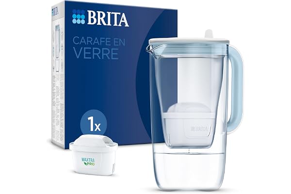 BRITA Carafe Filtrante Verre Bleue (2,5l) incl 1 cartouche filtrante eau robinet MAXTRA PRO All-in-1 réduit PFAS, calcaire, chlore, certaines impuretés et métaux indicateur temps et volume versé