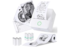PRAOAHEI Mini Printer, Portable Photo Printer with 10 Rolls of Printer Paper, Bluetooth Label Printer, Thermal Printer for Notes, Photos, Diaries, DIY, Compatible with iOS and Android (White)