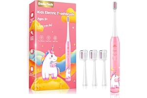 DADA-TECH Spazzolino Elettrico Bambini 3-6-12 Anni Spazzolino Elettrico Bambina Bimba Bambino Con Timer Luci LED Arcobaleno E 4 Testine (Unicorno Rosa)