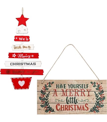 Pancarte Décorative Noël En Bois 'Feeric Lights Et Christmas' - Rouge Et Blanc, 120 Cm De Hauteur