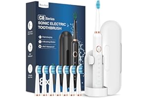 COULAX Cepillos de Dientes Electricos Sónico Adultos con 8 Cabezal - Cepillo Electrico con Estuche, 5 Modos y IPX7, Cepillos de Dientes Eléctricos Ultrasónicos para Mujer Hombres, Blanco Brillante