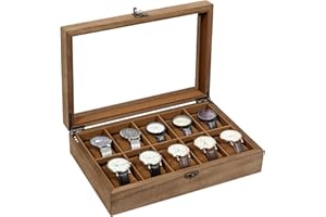 Uten Boîte à Montres 10 Compartiments, Coffret à montres en Bois, Couvercle en Verre, Coffret de Rangement pour Montres pour Hommes et Femmes, Coussinets Coton de Soie, Doublure Marron, Idée Cadeau