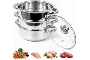 ESSENTIALS2PUBLIK 25cm 3-Tier Stainless Steel Food Steamer Pot Set, Ideal for Steaming Vegetables, Idli, Dumplings, Momo, Dhokla, Induction Hob Compatible with Cool Handles & Vented Glass Lids – Healthy Cooking
