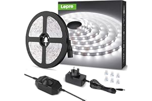 Lepro LED Strip Light White 5M 300 LEDs, 1650lm Dimmable Strip Lights for Kitchen, Cool White 6000K Daylight LED Strip for Under Units Cabinet Cupboards (12V Power Plug and Dimmer Switch Included)