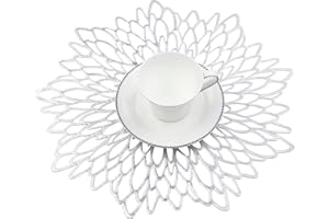 Famibay Silver Placemats Set of 6 Washable Round Christmas Place Mats Heat Resistant Vinyl Table Mats for Dining Kitchen Restaurant Table