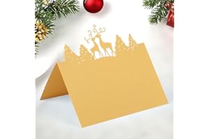 HOMO TRENDS 50Pcs Christmas Place Cards for Table, Christmas Name Place Cards, Name Card for Table Settings, Gold Elk Xmas Card Holder for Wedding Party Decoration