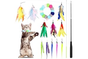 GeeRic 14pz Giocattoli Interattivi per Gatto, Gatti Giochi con Piume+Collana Campana+Bacchetta Interattiva Retrattile Flessibili Portabile Piuma Ricariche, Giocattoli Interattivo per Gattino Interno