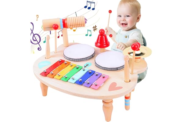 LZDMY Instruments de Musique Bébé 1 2 3 Ans,Jouets Musicaux en Bois Tambour Bébé Xylophone Triangle Batterie et Percussions pour Enfants, Jouets Montessori Anniversaire Pâques Cadeau Garçon Fille