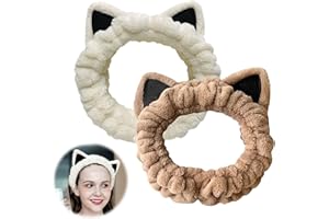 YUEJIESELECTED Lot de 2 bandeaux pour cheveux en forme de chat mignon-Bandeau maquillage-Bandeau pour soins de la peau-Accessoire pour cheveux-Bandeau doux pour femmes et filles-Cadeau mignon (marron et blanc cassé)