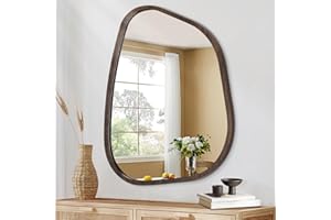HLFMVWE Irregular Wooden Framed Wall Mirror, Asymmetrical Unique Hanging Artistic Mirror Decor Bathroom Vanity Bedroom Living Room Entryway Hallway Large 65 x 45CM Brown