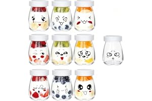 Flliberté 10 Pot de Yaourt vide, Pot de Yaourt en Verre avec Couvercle hermétique, petit Pot de Yaourt emoticone pour Multicuiseur Thermomix, Cookéo, Yaourt Maison (100ml)