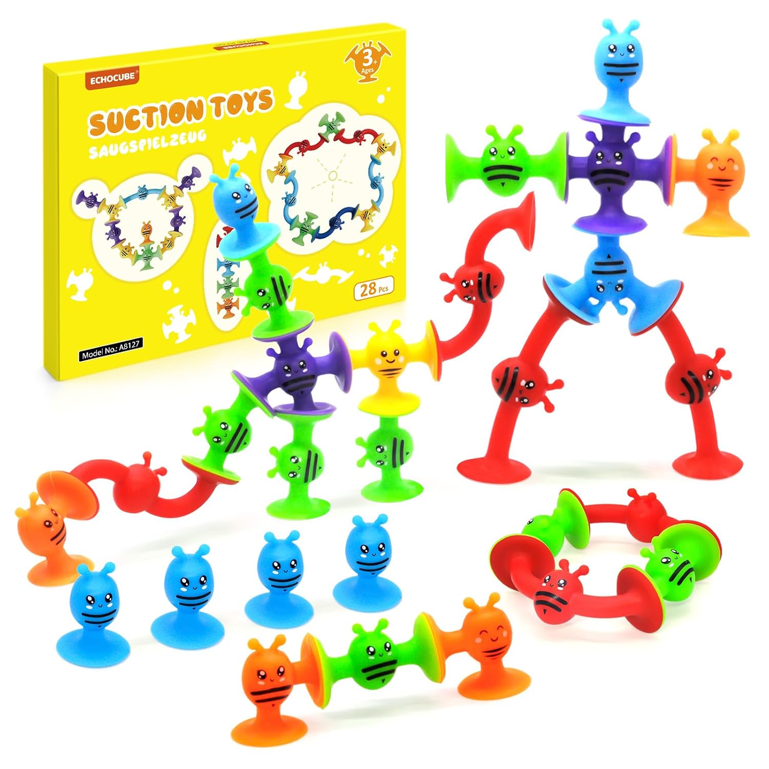 ECHOCUBE Zuignap Speelgoed, 28 stuks Silicone Zuignap Bad Speelgoed voor Kinderen vanaf 3 jaar, Sensorisch Zuigspeelgoed, Stressverlichting Speelgoed Reisspeelgoed voor Peuters & Volwassenen