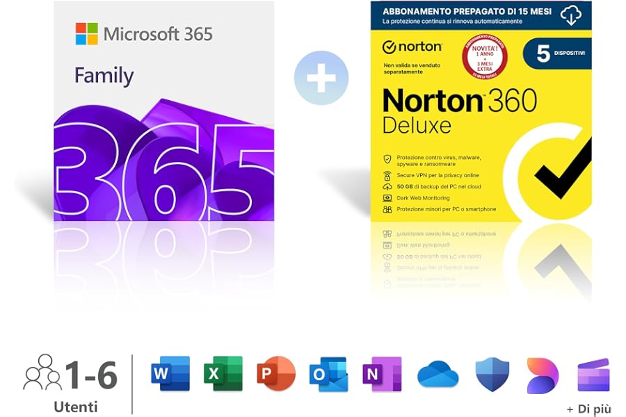 Microsoft 365 Family │ 12 mesi │ 6 persone │ Fino a 6 TB di spazio di archiviazione Onedrive │ App Office con AI + Norton 360