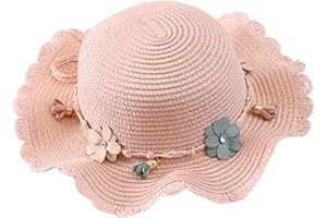 Blogiiup Girls Sun Hats, Summer Beach Hat with Flowers Decoration, Summer Beach Flower Straw Hat, Outdoor Sun Visor Hat for Holiday Kids Children (Pink)