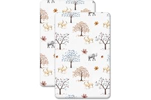 HAJRAN LINEN 2 Pcs Crib Fitted Sheets - Made from 100% Cotton (50X90 cm) - Antiallergic, Soft, Comfy, Breathable (Animals & Trees, 50X90 cm)