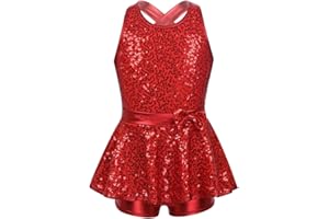 inlzdz Girls' Kids Sequin Ballet Jazz Modern Tap Dress Dance wear Performance Costume Criss Cross Back Leotard Shorts