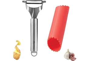 HUMPTI pelador verduras y pelador ajos - Set 2 en 1 - pelador patatas acero inoxidable - utensilios de cocina de silicona - pela patatas - cortador de patatas oscilante
