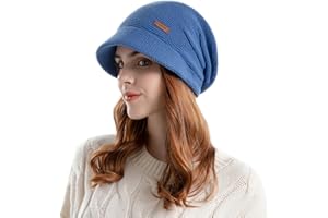 Enwokran Women Winter Knit Visor Hat Fleece Lined Warm Pullover Beret Hat, Newsboy Cap with Brim Cloche Ear Protection Hat for Women
