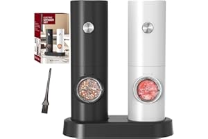 CIRCLE JOY Electric Salt and Pepper Grinder Set, Battery Operated Pepper Mill Grinder with Base, Adjustable Coarseness and Automatic Single Hand Operation, Black White