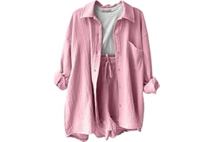 DHYUEN Musselin Bluse Damen Hemd Und Shorts Zweiteiler Einfrabige Sommer Lounge Set Strand Outfit Suit Elegant Aesthetic 2 Teiler Clothes Kleidung Kurz Hosenanzug Casual Two Piece Sommerbluse