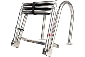 Amarine Made 3 Step Premium Stainless Folding Rear Entry Pontoon Boat Ladder w/Extra Wide Step