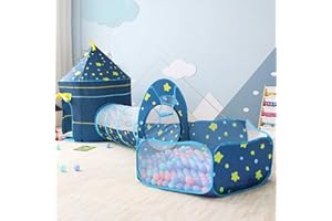 OldPAPA Tente de Jeu Enfants, Tente de Château 3 en 1 Tunnel d'exploration Contextuelle et Piscine à balles Intérieure Playhouse pou Tout-Petits Garçons Filles(Bleu)