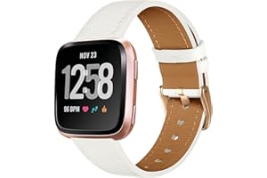 CeMiKa Bracelet en Cuir Compatible avec Fitbit Versa Bracelet/Fitbit Versa 2 Bracelet, Cuir Classique Band de Remplacement Compatible avec Fitbit Versa/Versa 2/Versa Lite/SE, Blanc/Or Rose