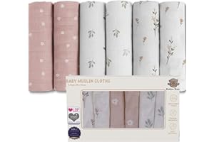 Bubba Bear Muslin Cloths for Baby, 6 Pack of Bamboo & Organic Cotton Muslins Squares 70x70cm, Large Burp Cloth for Babies, Cute Newborn Essentials for Baby Boy & Girl (Floral)