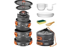 Odoland Camping Cookware Set Non-Stick Lightweight Camping Kettle Pots and Pans Mess Kit with Bowls Soup Spoon for Backpacking, Outdoor Cooking and Picnic for 4-6 People