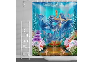 SDOTPMT 105x160cm Sirena Ballena Cortina de Ducha Marina Animal Algas Marinas Coral Arrecife Estrella de mar Cortina de baño Submarino Marina Cortina de bañera para niños Baño Poliéster con Ganchos