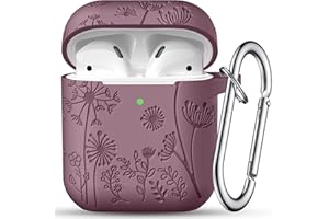 Maledan Etui z grawerunkiem kwiatowym, kompatybilne z AirPods, urocze, silikonowe, odporne na wstrząsy etui ochronne do Airpods 2. i 1. generacji z karabińczykiem [widoczna LED] dla kobiet, fioletowy