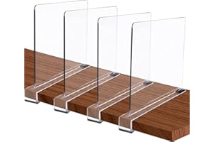 Homtone Zestaw 4 akrylowych przegródek na półki, idealny do szafek kuchni sypialni, przydatne narzędzie do organizowania półek bez wiercenia, organizacja półek w celu organizowania książek na ubrania, ręczniki