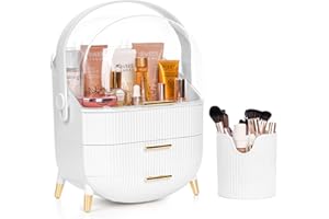 Winter Shore Weißer Make Up Organizer mit Pinsel Aufbewahrung - Organizer Schminke aus Kunststoff mit 3 Ebenen, Drehbarem Griff & Durchsichtigem Deckel - Wasser- & Staubdichte Kosmetik Aufbewahrung