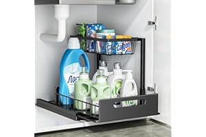 Cocolemon Organizador Bajo Fregadero Cocina, Metal 2 Niveles Organizador Extraíble Estante Almacenamiento Debajo Fregadero Forma de L, Negro