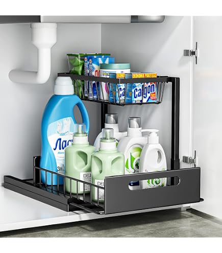 REALINN Organizzatore sotto il lavandino, organizer estraibile per armadietto, mensola estraibile per lavello armadio, ripiani per cucina e bagno, nero, confezione da 2