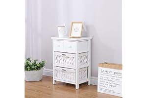 Ruication Bedside Table Bathroom Cabinet with 2 Drawers Wicker Baskets 2 Small Drawers Storage Unit Chest of Drawers Fully Assembled for Living Room Bedroom Bathroom Hallway (White)